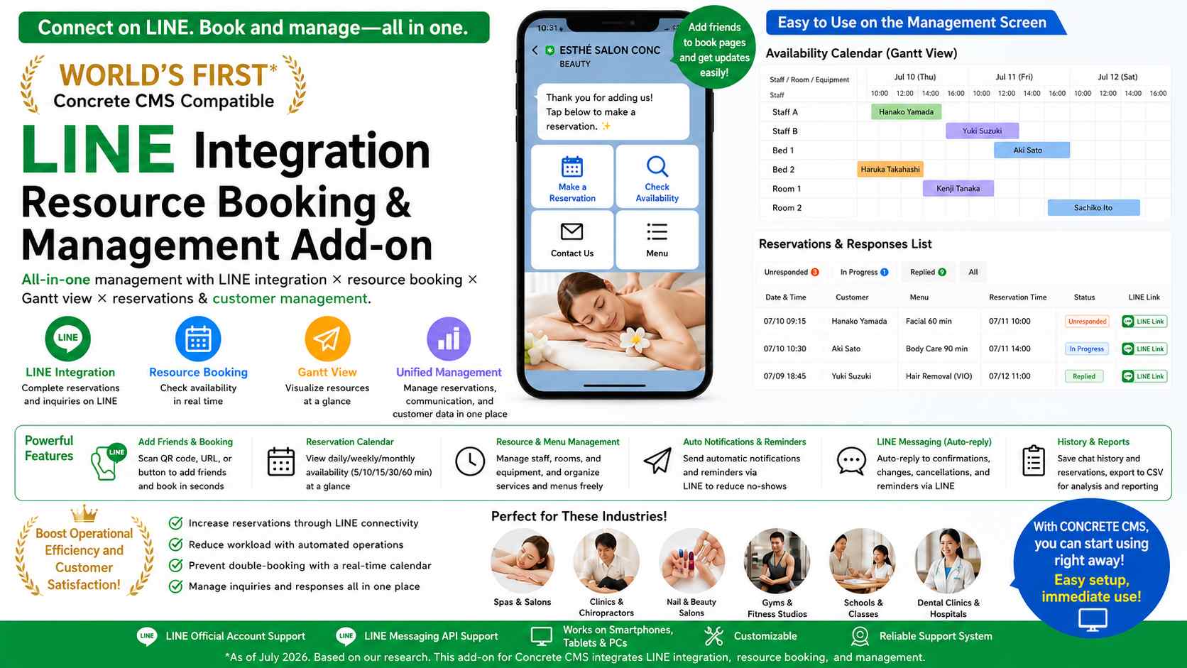 Concrete CMS compatible LINE integration and resource reservation management add-on